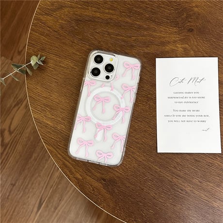 【お取り寄せ商品】iPhoneケース スマホケース iPhone15 iPhone14 リボン Magsafe グリップ付き スタンド 透明 磁気 ガーリー かわいい 韓国 L7805