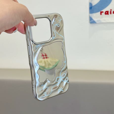 【お取り寄せ商品】iPhoneケース スマホケース iPhone16 iPhone15 iPhone14 かわいい ミラー付き 韓国 ブルー リボン L9848