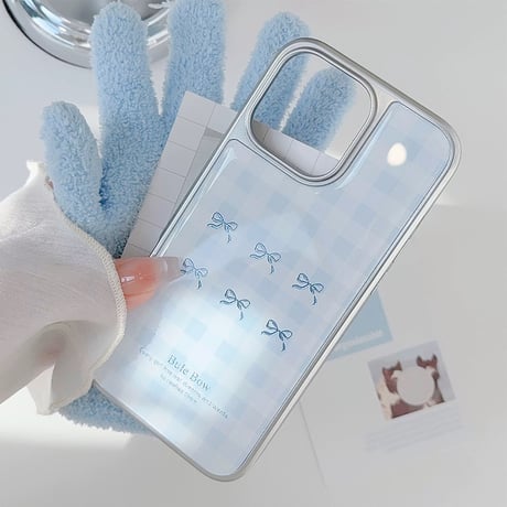 【お取り寄せ商品】iPhoneケース スマホケース iPhone16 iPhone15 iPhone14 かわいい チェック柄 水色 リボン L9554