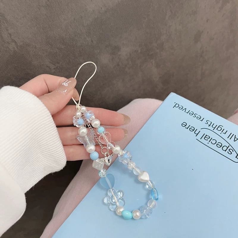 お取り寄せ商品】スマホストラップ ブルー ビーズ クリアカラー 推し活