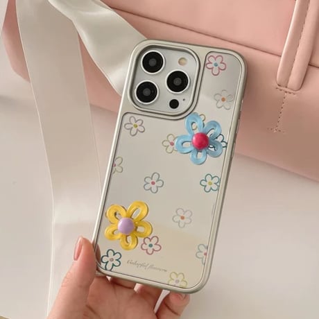 【お取り寄せ商品】iPhoneケース スマホケース iPhone16 iPhone15 iPhone14 かわいい 花柄 デイジー ミラー メタリック L9487