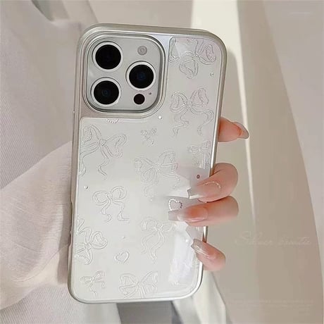 【お取り寄せ商品】iPhoneケース スマホケース iPhone16 iPhone15 iPhone14 おしゃれ シルバー サイド ホワイト リボン ハート L9806