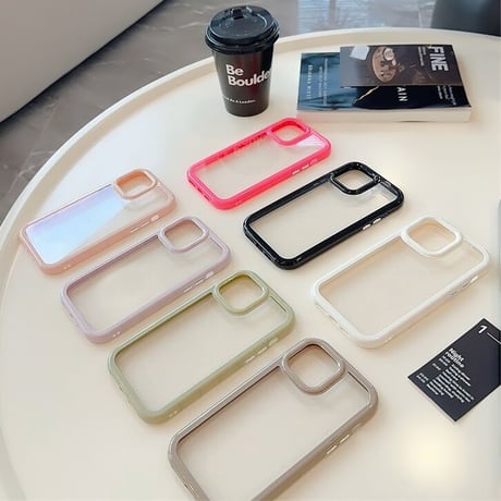 【お取り寄せ商品】iPhoneケース スマホケース iPhone15 iPhone14 カラーフレーム クリームカラー くすみカラー 透明 シンプル ニュアンス オシャレ かわいい 韓国 L7403