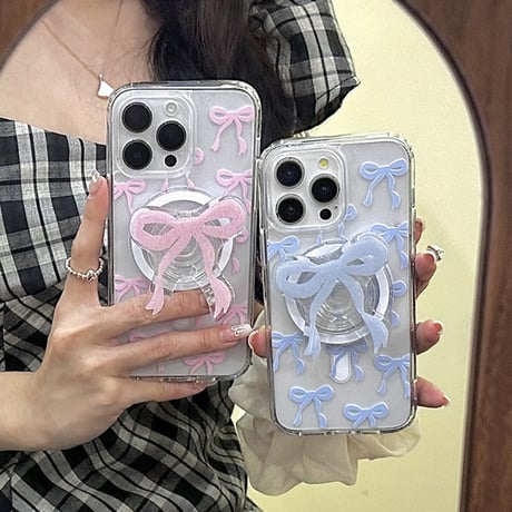 【お取り寄せ商品】iPhoneケース スマホケース iPhone15 iPhone14 リボン Magsafe グリップ付き スタンド 透明 磁気 ガーリー かわいい 韓国 L7805
