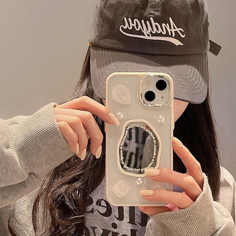 【お取り寄せ商品】iPhone ケース case iPhone13 iPhone14 iPhone15 ミラー 英字 ストーン 立体 ストラップ付き アシンメトリー オシャレ スマホケース L7193