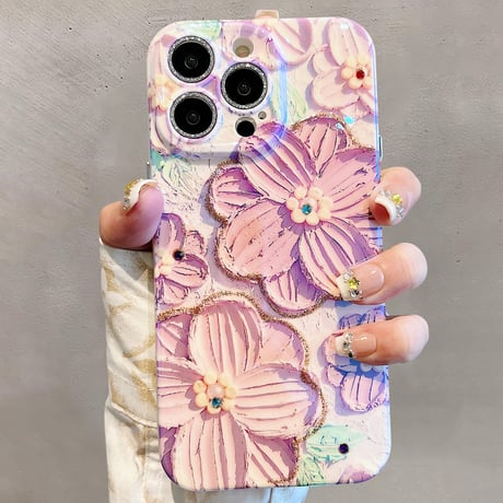 【お取り寄せ商品】iPhoneケース スマホケース iPhone15 iPhone14 花柄 フローラル ラインストーン 油絵風 大人かわいい ピンク パープル L7485