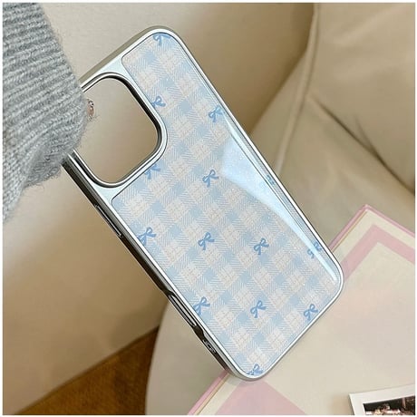【お取り寄せ商品】iPhoneケース スマホケース iPhone16 iPhone15 iPhone14 可愛い チェック柄 ピンク ブルー リボン L9834