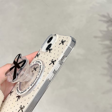 【お取り寄せ商品】iPhoneケース スマホケース iPhone15 iPhone14 リボン グリップ付き Magsafe 磁気 マグネット レトロ かわいい 韓国風 L7558