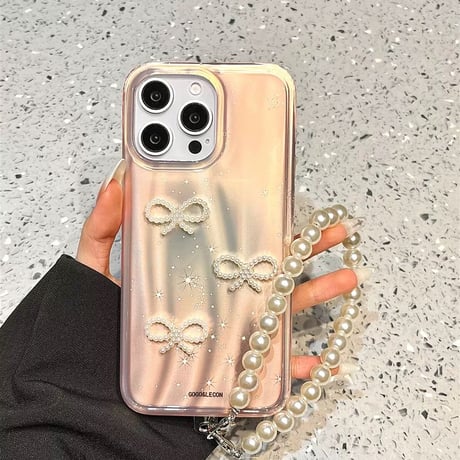 【お取り寄せ商品】iPhoneケース スマホケース iPhone16 iPhone15 iPhone14 ピンク オーロラ パール リボン パール ストラップ付き L9530
