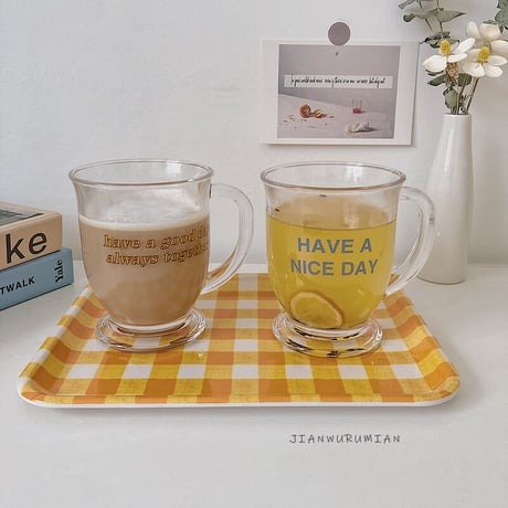 【お取り寄せ商品】英字ロゴ ガラスマグ マグカップ ハンドル付き ガラスカップ ジュースグラス 透明 かわいい 韓国 L4163