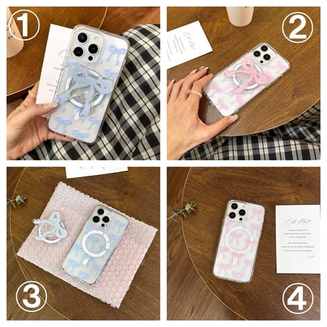 【お取り寄せ商品】iPhoneケース スマホケース iPhone15 iPhone14 リボン Magsafe グリップ付き スタンド 透明 磁気 ガーリー かわいい 韓国 L7805