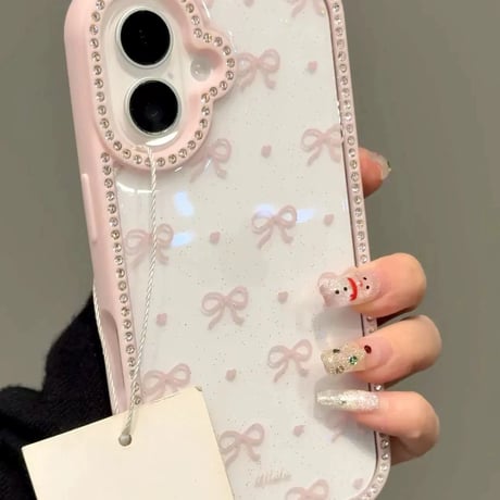 【お取り寄せ商品】iPhoneケース スマホケース iPhone16 iPhone15 iPhone14 大人可愛い クリア リボン柄 ストーン L9335