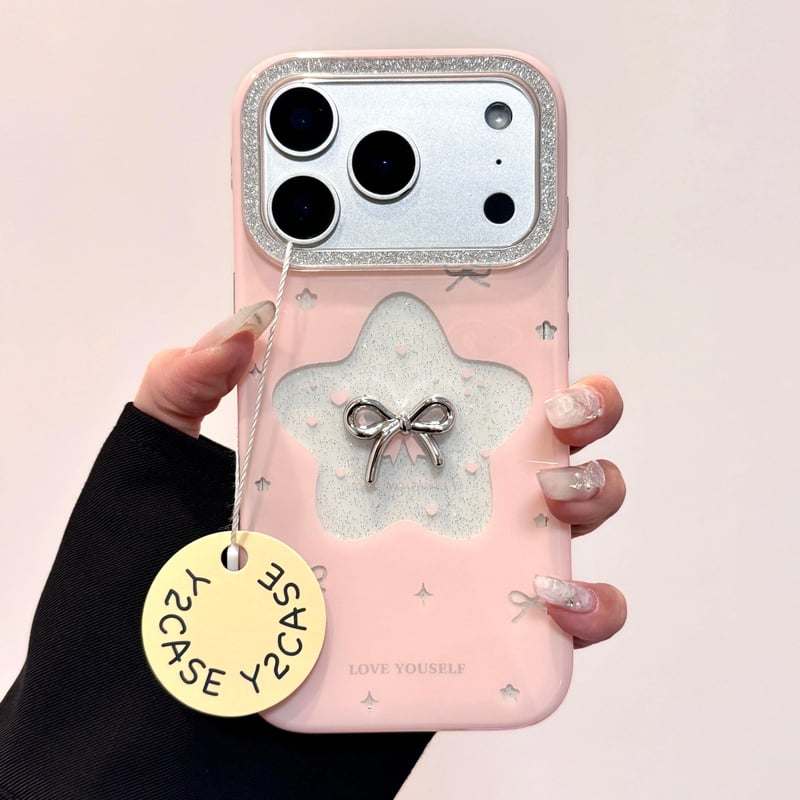 韓国♡甘辛ミックスなメタリック♪ リボン ストラップ付き iphone17