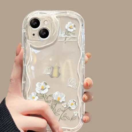 【お取り寄せ商品】iPhoneケース スマホケース iPhone15 iPhone14 フラワー 花柄 デイジー ストラップ付き シェルパターンシート 透明 ウェーブ かわいい 韓国 L7891