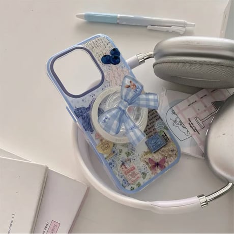 【お取り寄せ商品】iPhoneケース スマホケース iPhone16 iPhone15 iPhone14 ブルー リボン かわいい MagSafe L9435