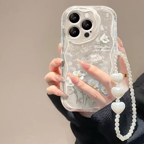 【お取り寄せ商品】iPhoneケース スマホケース iPhone15 iPhone14 フラワー 花柄 デイジー ストラップ付き シェルパターンシート 透明 ウェーブ かわいい 韓国 L7891