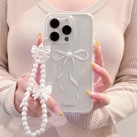 【お取り寄せ商品】iPhoneケース スマホケース iPhone16 iPhone15 iPhone14 パール リボン ストラップ ホワイト L9440