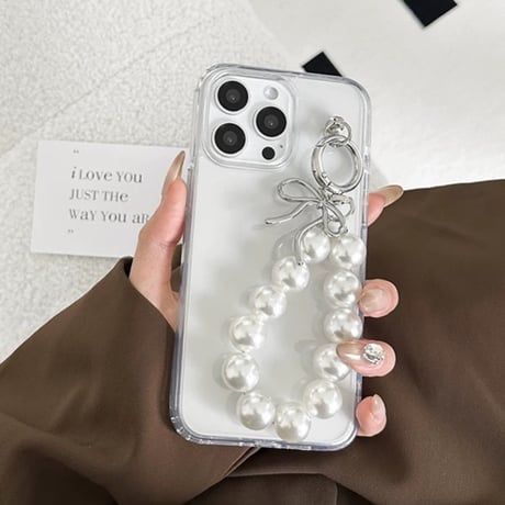 【お取り寄せ商品】iPhoneケース スマホケース iPhone16 iPhone15 iPhone14 韓国 大人女子 クリア リボン パール チャーム L9853