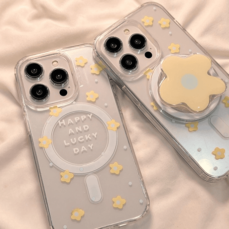 【お取り寄せ商品】iPhoneケース スマホケース iPhone15 iPhone14 グリップ付き スタンド フラワー 花 英字 透明 クリア 磁気 かわいい 韓国 L7421