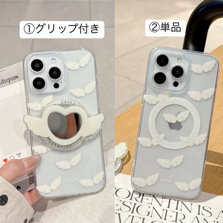 【お取り寄せ商品】iPhoneケース スマホケース iPhone16 iPhone15 iPhone14 かわいい 羽 ミラー グリップ MagSafe L9443