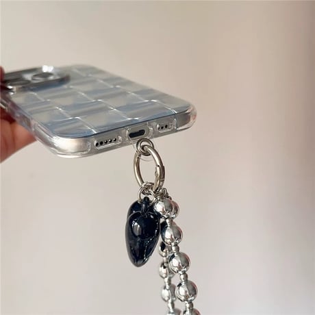【お取り寄せ商品】iPhoneケース スマホケース iPhone16 iPhone15 iPhone14 おしゃれ シルバー クリア チェック ブラックハート ストラップ付き L9551