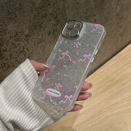 【お取り寄せ商品】iPhoneケース スマホケース iPhone15 iPhone14 グリッター フローラル フラワー リボン キラキラ 透明 ガーリー かわいい 韓国 L7886