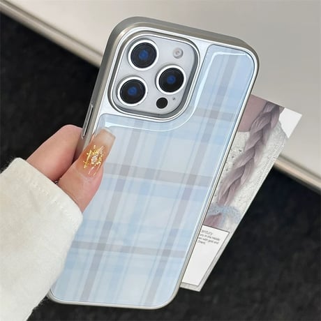 【お取り寄せ商品】iPhoneケース スマホケース iPhone16 iPhone15 iPhone14 シンプル ブルー チェック柄 メタリック くすみカラー 大人可愛い L9567