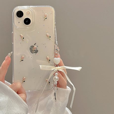 【お取り寄せ商品】iPhoneケース スマホケース iPhone15 iPhone14 立体 チューリップ フラワー 透明 グリッター チャーム付き 清楚 かわいい 韓国 L7823