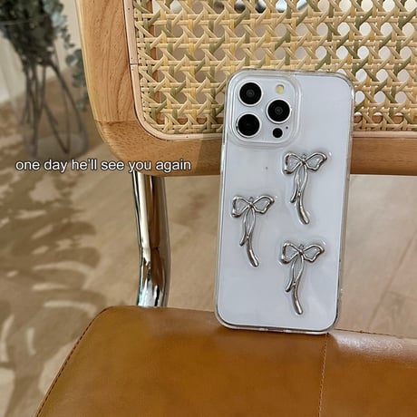 【お取り寄せ商品】iPhoneケース スマホケース iPhone15 iPhone14 立体 リボン メタル 透明 クリア シンプル かわいい 韓国 L7642