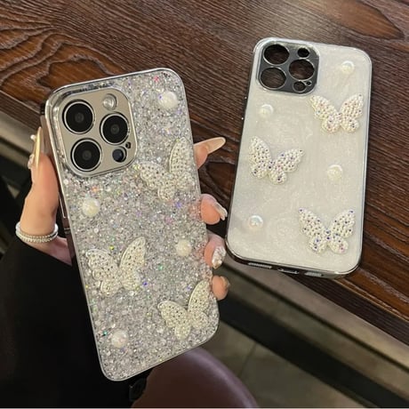 【お取り寄せ商品】iPhoneケース スマホケース iPhone16 iPhone15 iPhone14 大人可愛い パール グリッター 蝶々 Ｌ9461