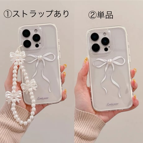 【お取り寄せ商品】iPhoneケース スマホケース iPhone16 iPhone15 iPhone14 パール リボン ストラップ ホワイト L9440