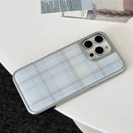 【お取り寄せ商品】iPhoneケース スマホケース iPhone16 iPhone15 iPhone14 シンプル ブルー チェック柄 メタリック くすみカラー 大人可愛い L9567
