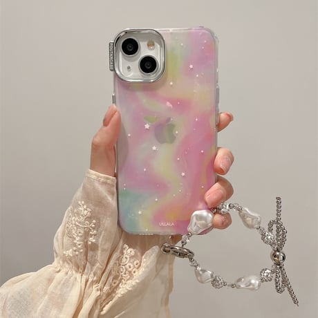 【お取り寄せ商品】iPhoneケース スマホケース iPhone15 iPhone14 ハンドストラップ付き シェルパターン マーブル レインボーカラー 星 star かわいい 韓国 L7816