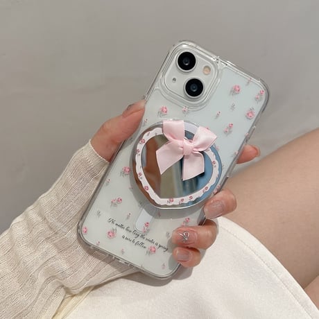 【お取り寄せ商品】iPhoneケース スマホケース iPhone15 iPhone14 Magsafe ワイヤレス充電 磁気 グリップ付き 小花柄 ミラー 透明 ガーリー 韓国 L7928