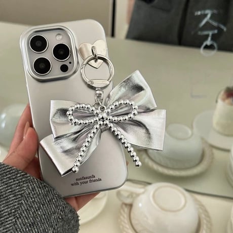 【お取り寄せ商品】iPhoneケース スマホケース iPhone16 iPhone15 iPhone14 大人かわいい 韓国 シルバー リボン チャーム L9392