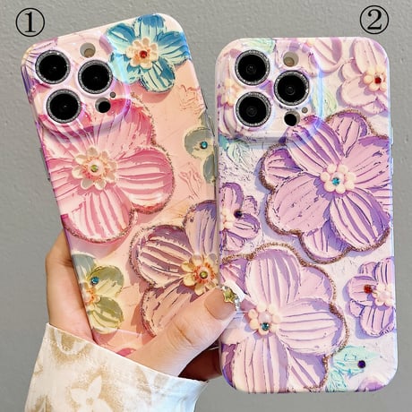 【お取り寄せ商品】iPhoneケース スマホケース iPhone15 iPhone14 花柄 フローラル ラインストーン 油絵風 大人かわいい ピンク パープル L7485