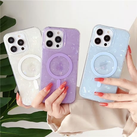【お取り寄せ商品】iPhoneケース スマホケース iPhone13 iPhone14 シェルパターン 磁気 ワイヤレス グリッター パステルカラー きれいめ 大人かわいい 韓国 L7436