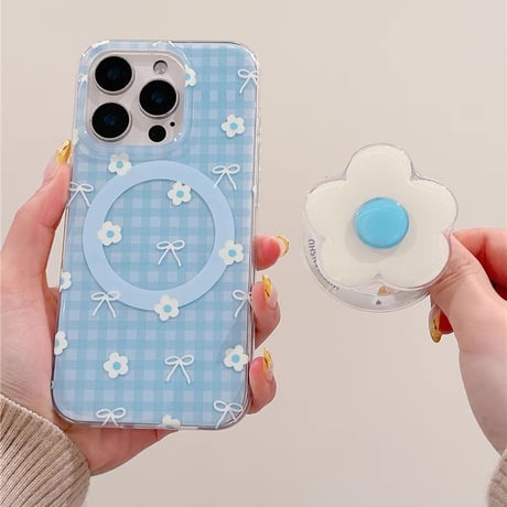 【お取り寄せ商品】iPhoneケース スマホケース iPhone16 iPhone15 iPhone14 可愛い チェック柄 グリップ デイジー お花 MagSafe L9507