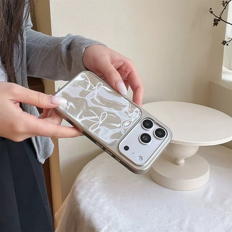 【お取り寄せ商品】iPhoneケース スマホケース iPhone17 iPhone16 iPhone15 リボン 大人可愛い おしゃれ 韓国 シルバー M7148