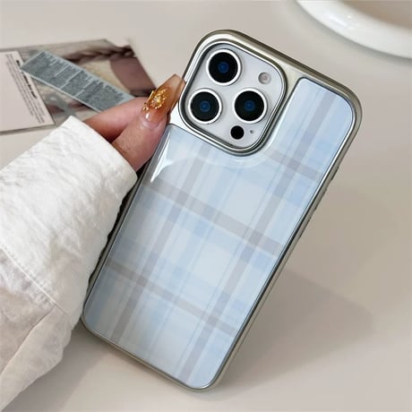 【お取り寄せ商品】iPhoneケース スマホケース iPhone16 iPhone15 iPhone14 シンプル ブルー チェック柄 メタリック くすみカラー 大人可愛い L9567