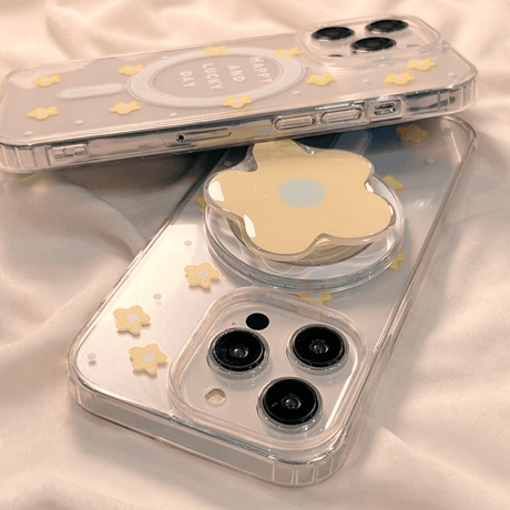 【お取り寄せ商品】iPhoneケース スマホケース iPhone15 iPhone14 グリップ付き スタンド フラワー 花 英字 透明 クリア 磁気 かわいい 韓国 L7421