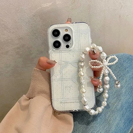 【お取り寄せ商品】iPhoneケース スマホケース iPhone15 iPhone16 選べるストラップ付き リボン ホワイト ガーリー L8373