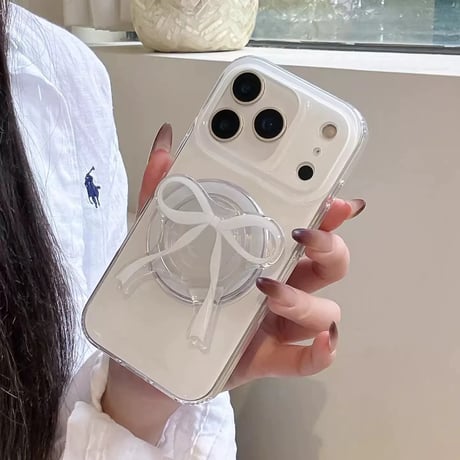 【お取り寄せ商品】iPhoneケース スマホケース iPhone17 iPhone16 iPhone15 ホワイト リボン magsafe グリップ付き M7190