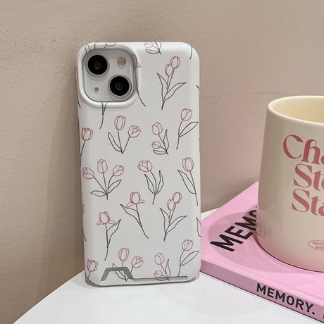 【お取り寄せ商品】iPhoneケース スマホケース iPhone15 iPhone14 カードホルダー付き カード入れ 花柄 チューリップ 大人かわいい シンプル 韓国 L7773