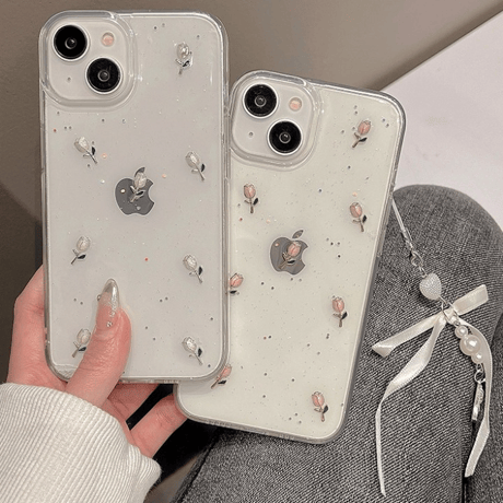 【お取り寄せ商品】iPhoneケース スマホケース iPhone15 iPhone14 立体 チューリップ フラワー 透明 グリッター チャーム付き 清楚 かわいい 韓国 L7823