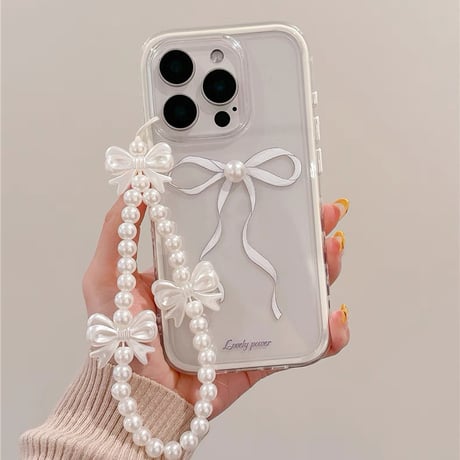 【お取り寄せ商品】iPhoneケース スマホケース iPhone16 iPhone15 iPhone14 パール リボン ストラップ ホワイト L9440