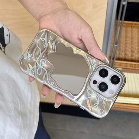 【お取り寄せ商品】iPhoneケース スマホケース iPhone16 iPhone15 iPhone14 かわいい ミラー付き 韓国 ブルー リボン L9848