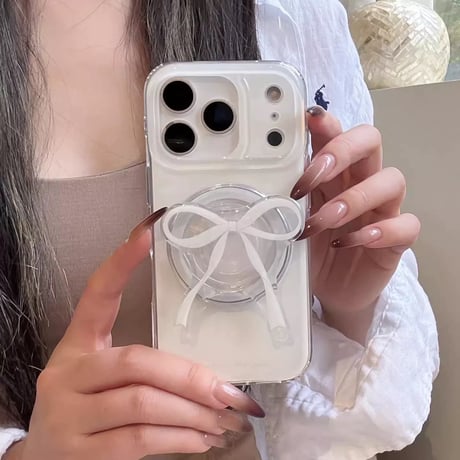 【お取り寄せ商品】iPhoneケース スマホケース iPhone17 iPhone16 iPhone15 ホワイト リボン magsafe グリップ付き M7190