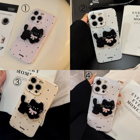 【お取り寄せ商品】iPhoneケース スマホケース iPhone15 iPhone14 黒猫ハンドグリップ 水玉 パステルカラー L7981