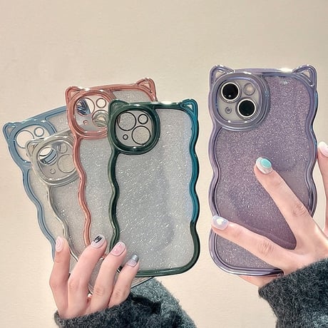 【お取り寄せ商品】iPhoneケース スマホケース iPhone15 iPhone14 ネコ耳 ねこ耳 メッキフレーム グリッターシート付き シンプル かわいい 推し活 韓国 L7895